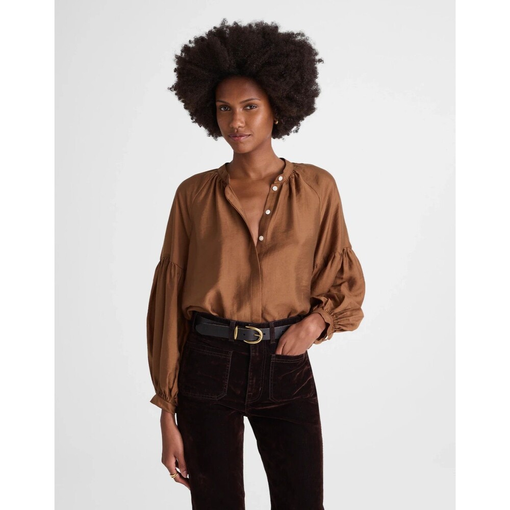 MADEWELL Shirred Balloon-Sleeve Top XXS Pecan Shell Button-Up Blouse NWT B99